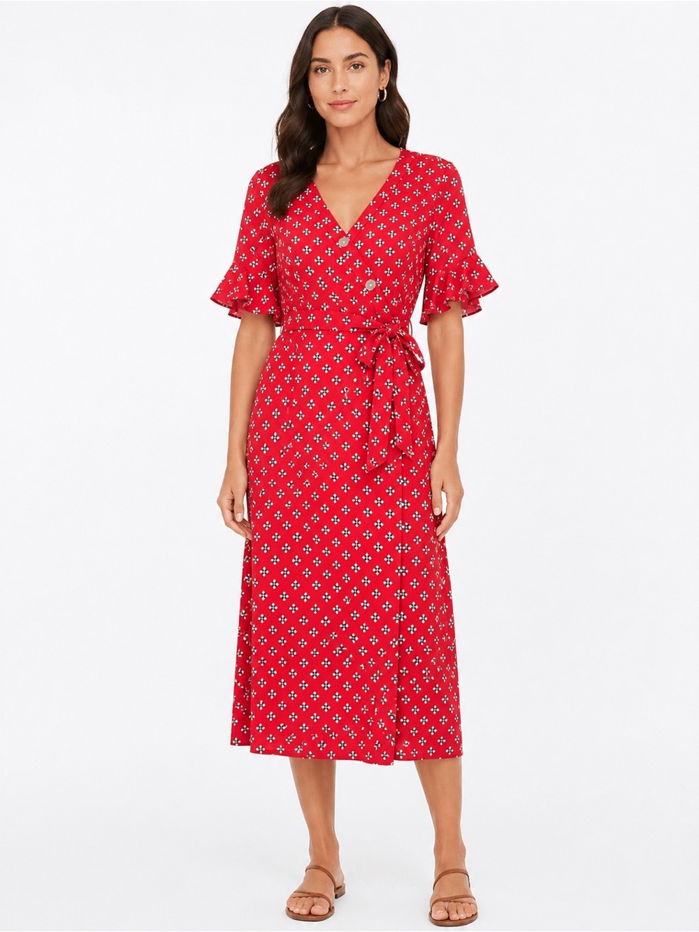 Nautica Red Floral Wrap Midi Dress with Tie Waist